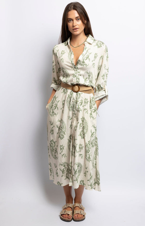 Cream floral print midi dress with V-neck, long sleeves, button front, and belted waist – Bohemian chic Volange Collections French Fashion