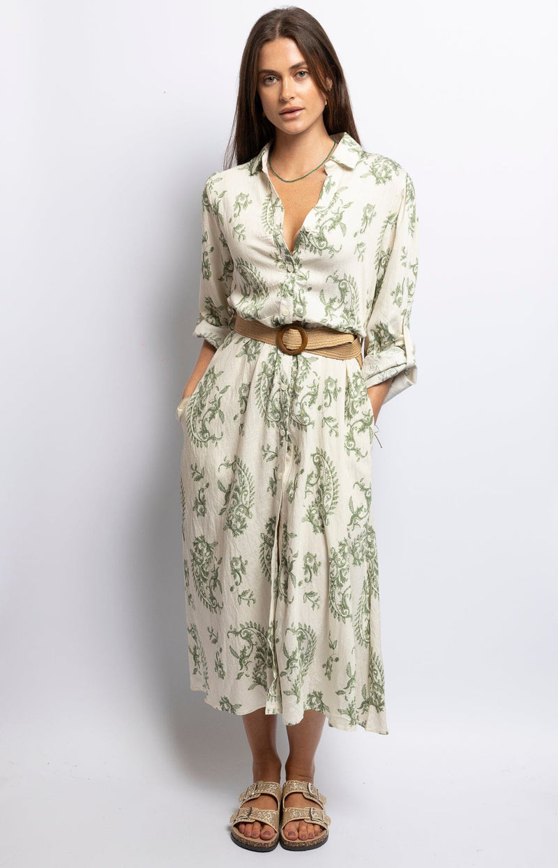 Cream floral print midi dress with V-neck, long sleeves, button front, and belted waist – Bohemian chic Volange Collections French Fashion