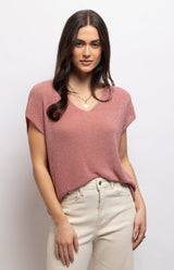Dusty red sparkly knit top with a subtle metallic shimmer, flattering V-neckline and relaxed fluid fit – Volange Paris, Parisian fashion in Sydney (Mosman, Paddington and Bronte) or Australia-wide online.