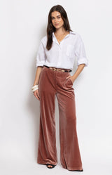Dusty rose velvet wide leg pants with a flattering high-rise fit, flowing silhouette and soft stretch finish for effortless day-to-night styling – Volange Paris, Parisian fashion in Sydney (Mosman, Paddington and Bronte) or Australia-wide online.