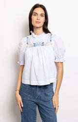 Embroidered cotton blouse with ruffled neckline and puff sleeves – Parisian elegance by Volange Paris