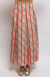 Ankle-length cotton skirt with a vintage-inspired floral stripe print in red, pink and cream, front pleats and an elasticated back waistband – Volange Paris, Parisian fashion in Sydney (Mosman, Paddington and Bronte) or Australia-wide online.