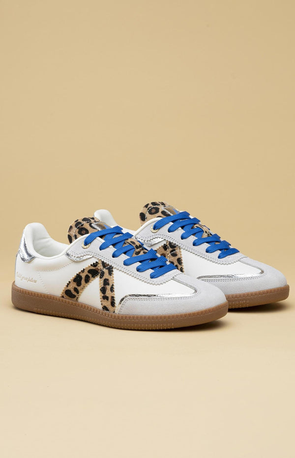 Grey sneakers with leopard print and blue laces french fashion - volange paris 