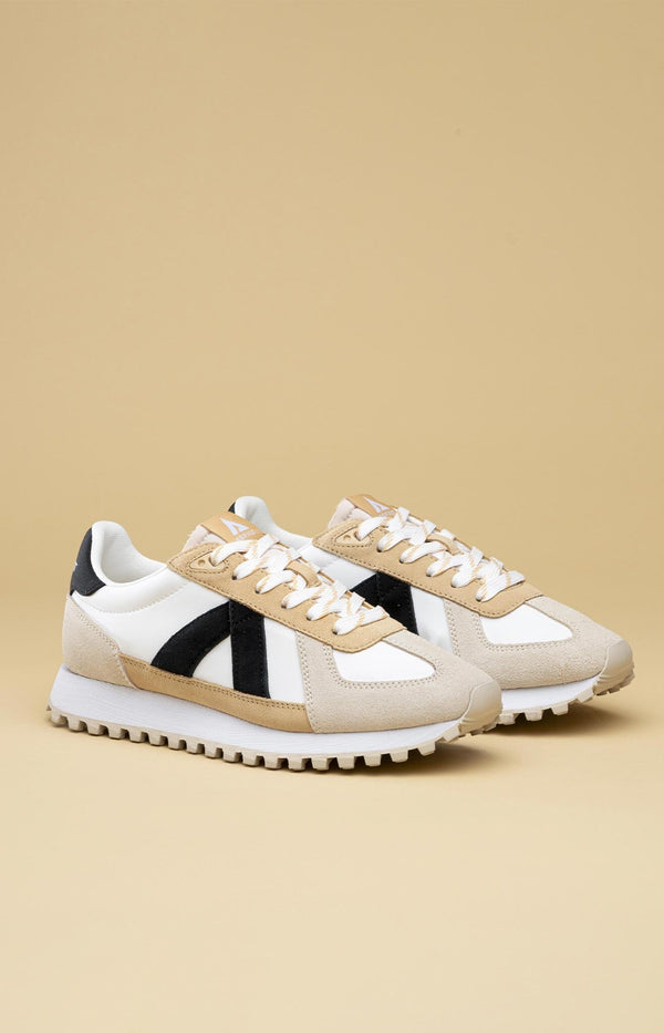 White sneakers with black and beige accents french fashion - volange paris 