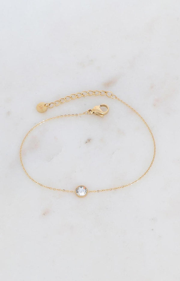Delicate gold-plated bracelet with clear round stone – Minimalist French jewellery by Volange Paris