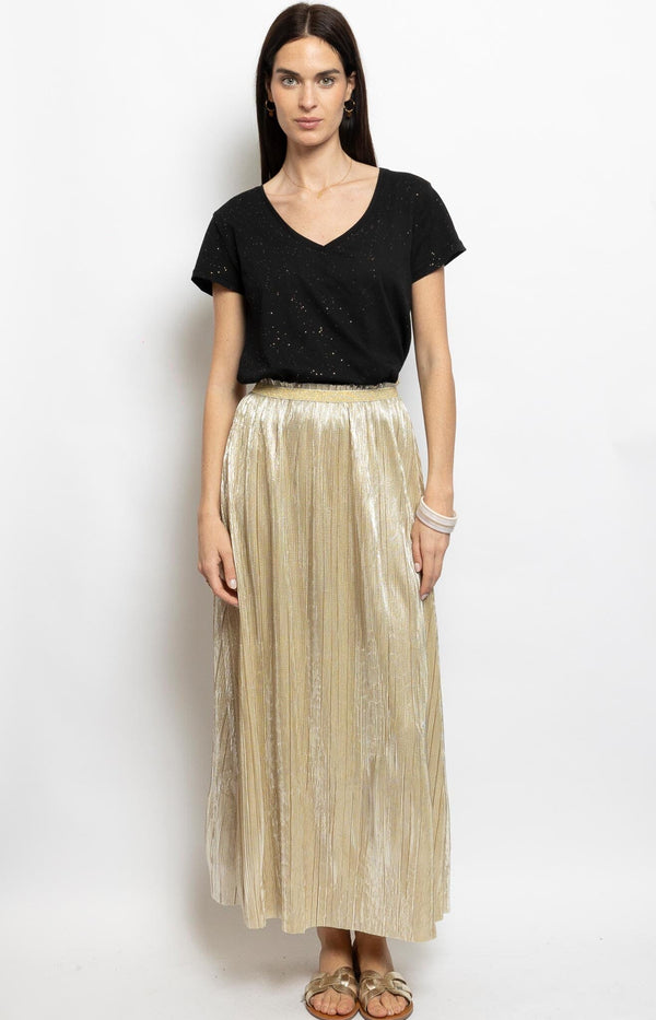 gold pleated maxi skirt with elastic waist and fluid drape – party outfit French fashion by Volange Paris.