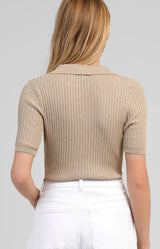 Gold shimmer ribbed knit top with a flattering fitted shape, open polo collar and V-neckline for effortless style – Volange Paris, Parisian fashion in Sydney (Mosman, Paddington and Bronte) or Australia-wide online.