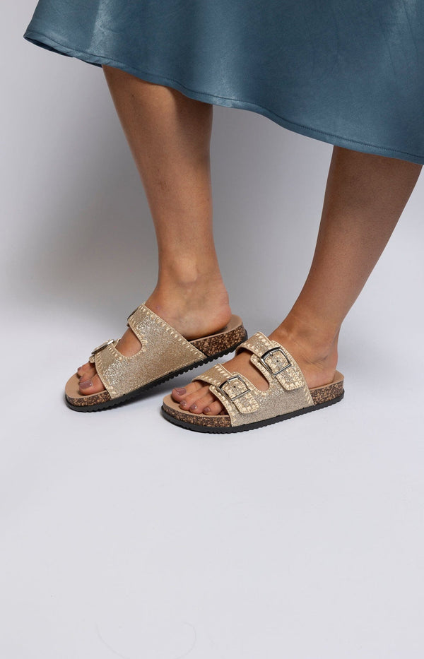 Elegant gold slides with leather sole – Chic French footwear from Volange Paris