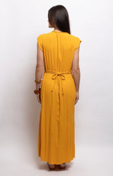 Golden yellow maxi dress in soft textured viscose, featuring a V-neckline, cap sleeves, braided trims, tie belt and side splits – Volange Paris, Parisian fashion in Sydney (Mosman, Paddington and Bronte) or Australia-wide online.