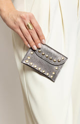 Gunmetal leather coin purse with gold stud detailing and snap closure made in italy – Parisian chic by Volange Paris.
