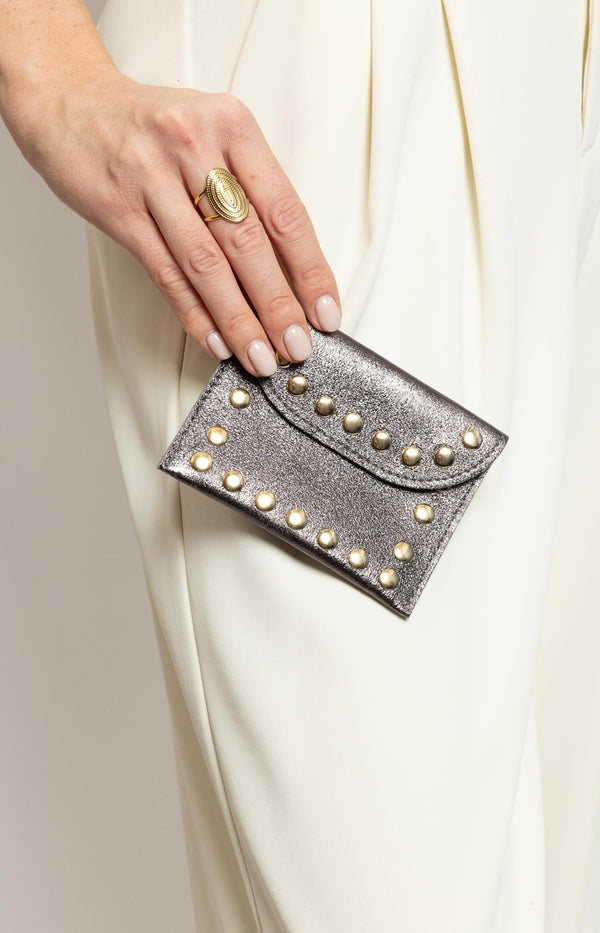 Gunmetal leather coin purse with gold stud detailing and snap closure made in italy – Parisian chic by Volange Paris.
