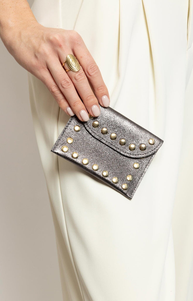 Gunmetal leather coin purse with gold stud detailing and snap closure made in italy – Parisian chic by Volange Paris.
