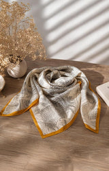 Illustrated triangle scarf with mustard border and silky finish – Volange Paris, Parisian fashion in Sydney (Mosman, Paddington and Bronte) or Australia-wide online.