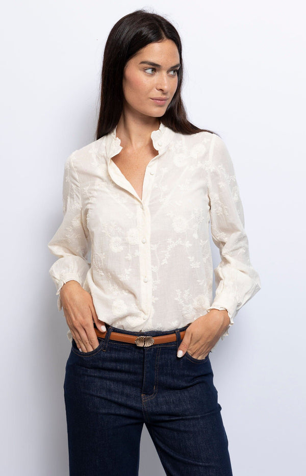 elegant ivory 100% cotton blouse with ruffle neckline, delicate embroidery and long sleeves from Volange Paris - French fashion