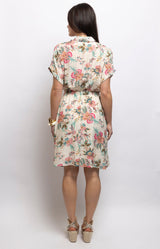 Ivory floral dress with a colourful botanical print, shirt collar, tie waist and side pockets – Volange Paris, Parisian fashion in Sydney (Mosman, Paddington and Bronte) or Australia-wide online.