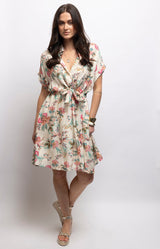 Ivory floral dress with a colourful botanical print, shirt collar, tie waist and side pockets – Volange Paris, Parisian fashion in Sydney (Mosman, Paddington and Bronte) or Australia-wide online.