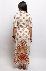 Ivory maxi shirt dress with a vintage-inspired floral print, statement border detailing and removable tie belt – Volange Paris, Parisian fashion in Sydney (Mosman, Paddington and Bronte) or Australia-wide online.