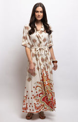Ivory maxi shirt dress with a vintage-inspired floral print, statement border detailing and removable tie belt – Volange Paris, Parisian fashion in Sydney (Mosman, Paddington and Bronte) or Australia-wide online.