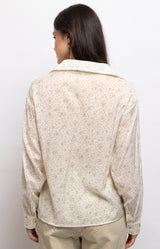 Ivory cotton shirt with a delicate beige geometric print, classic collar and relaxed fit in lightweight cotton voile – Volange Paris, Parisian fashion in Sydney (Mosman, Paddington and Bronte) or Australia-wide online.