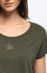 Khaki cotton T-shirt with a sparkling star embellishment, round neckline and semi-slim fit – Volange Paris, Parisian fashion in Sydney (Mosman, Paddington and Bronte) or Australia-wide online.