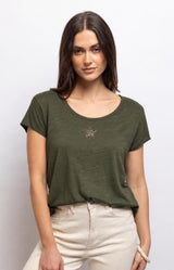 Khaki cotton T-shirt with a sparkling star embellishment, round neckline and semi-slim fit – Volange Paris, Parisian fashion in Sydney (Mosman, Paddington and Bronte) or Australia-wide online.