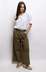 Khaki cotton wide leg pants with front pleats, side pockets and turned-up cuffs – Volange Paris, Parisian fashion in Sydney (Mosman, Paddington and Bronte) or Australia-wide online.