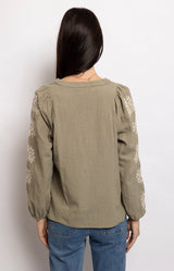 Khaki cotton blouse with cream embroidery detail – Volange Paris, Parisian fashion in Sydney (Mosman, Paddington and Bronte) or Australia-wide online.
