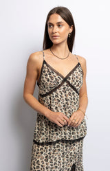 Leopard-print camisole with lace trim and adjustable straps – Parisian elegance by Volange Paris.
