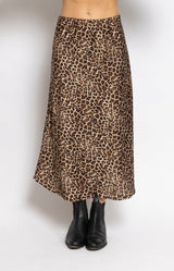 Leopard print satin midi skirt with a fluid silhouette and elegant satin finish for effortless day-to-night styling – Volange Paris, Parisian fashion in Sydney (Mosman, Paddington and Bronte) or Australia-wide online.