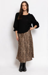 Leopard print satin midi skirt with a fluid silhouette and elegant satin finish for effortless day-to-night styling – Volange Paris, Parisian fashion in Sydney (Mosman, Paddington and Bronte) or Australia-wide online.