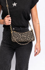 Leopard suede leather shoulder bag with a slim curved shape and adjustable straps for shoulder or crossbody wear – Volange Paris, Parisian fashion in Sydney (Mosman, Paddington and Bronte) or Australia-wide online.