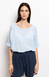 Light blue cotton boat neck top – wardrobe essential French fashion by Volange Paris