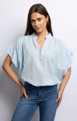 Light blue cotton voile blouse with cap sleeves and relaxed fit – Effortless French fashion by Volange Paris