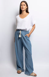Light blue 100% cotton wide-leg pants with tassel drawstring – French casual fashion from Volange Paris