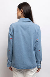 Light blue denim shirt in 100% cotton with embroidered red hearts, classic collar and an easy relaxed fit – Volange Paris, Parisian fashion in Sydney (Mosman, Paddington and Bronte) or Australia-wide online.