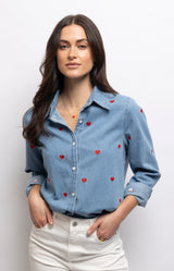 Light blue denim shirt in 100% cotton with embroidered red hearts, classic collar and an easy relaxed fit – Volange Paris, Parisian fashion in Sydney (Mosman, Paddington and Bronte) or Australia-wide online.