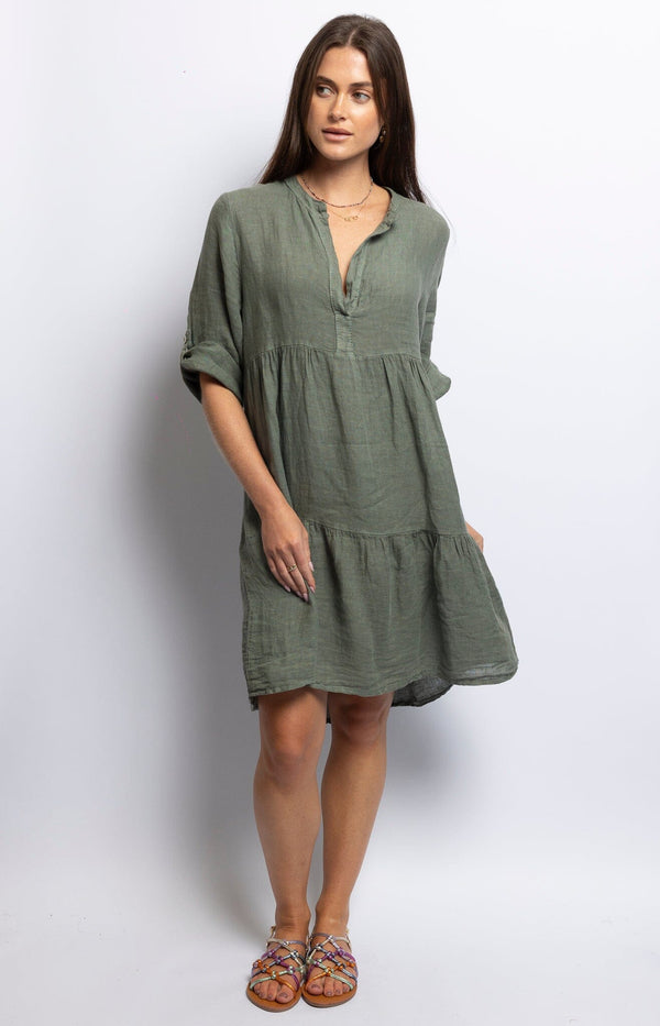 Army green linen button-down dress with roll-up sleeves and relaxed fit – French fashion by Volange Paris.