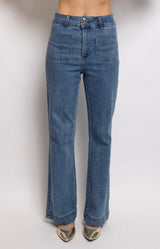 Long high-rise flare denim jeans with front patch pockets Volange Paris, Parisian fashion in Sydney (Mosman, Paddington and Bronte) or Australia-wide online.