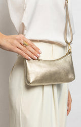 Metallic gold leather bag with removable shoulder and adjustable crossbody straps, zip closure and gold-tone hardware – Volange Paris, Parisian fashion in Sydney (Mosman, Paddington and Bronte) or Australia-wide online.