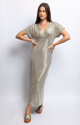 Metallic gold maxi dress with V-neckline and kimono sleeves – Timeless French fashion by Volange Paris.