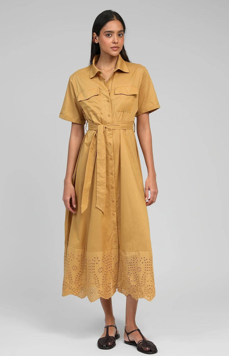 Mustard cotton voile shirt dress with belt and English embroidery hem – Parisian chic French fashion by Volange Paris.