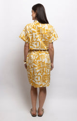 Mustard and ivory print cotton shirt dress with a relaxed fit, stand-up collar and removable tie belt – Volange Paris, Parisian fashion in Sydney (Mosman, Paddington and Bronte) or Australia-wide online.