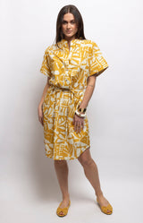 Mustard and ivory print cotton shirt dress with a relaxed fit, stand-up collar and removable tie belt – Volange Paris, Parisian fashion in Sydney (Mosman, Paddington and Bronte) or Australia-wide online.