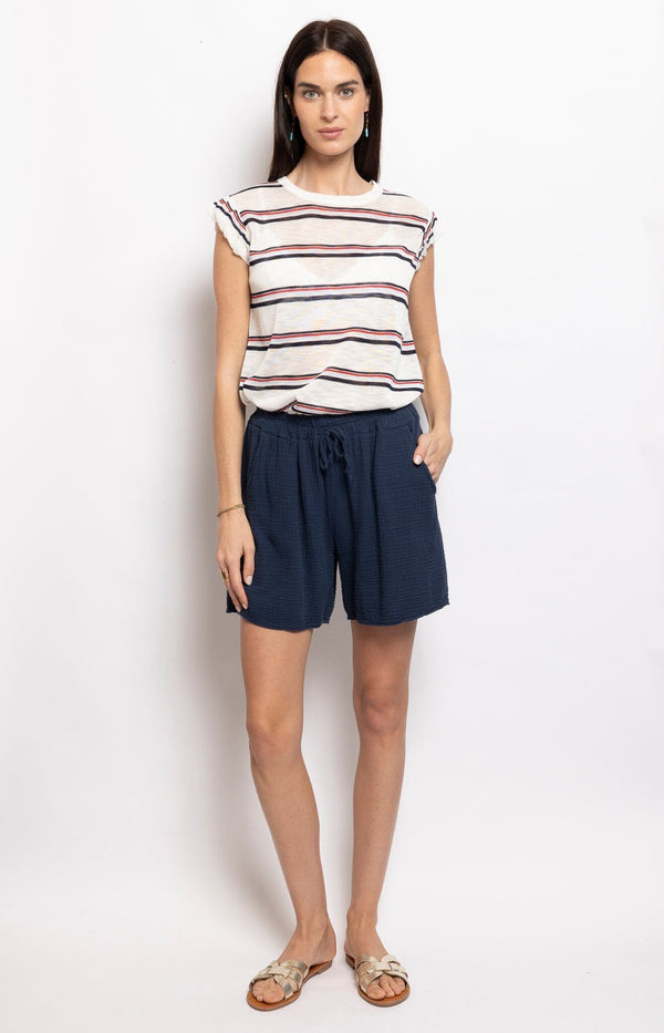 Navy cotton gauze shorts with elastic waistband and pockets – Sydney French fashion by Volange Paris.