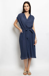 Navy cotton midi dress with tie waist – wardrobe essential French fashion by Volange Paris