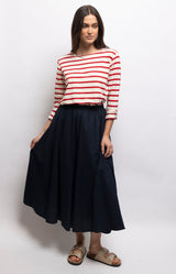 Navy cotton poplin midi skirt with a softly gathered elasticated waist and relaxed A-line silhouette for effortless everyday style – Volange Paris, Parisian fashion in Sydney (Mosman, Paddington and Bronte) or Australia-wide online.
