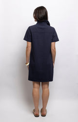 Navy cotton shift dress with a relaxed A-line shape, softly ruffled collar and side pockets for effortless everyday style – Volange Paris, Parisian fashion in Sydney (Mosman, Paddington and Bronte) or Australia-wide online.