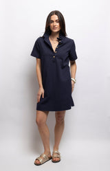 Navy cotton shift dress with a relaxed A-line shape, softly ruffled collar and side pockets for effortless everyday style – Volange Paris, Parisian fashion in Sydney (Mosman, Paddington and Bronte) or Australia-wide online.