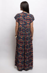 Navy floral maxi dress with a flattering V-neckline, flutter sleeves, gathered waist and flowing silhouette. 100% viscose – Volange Paris, Parisian fashion in Sydney (Mosman, Paddington and Bronte) or Australia-wide online.
