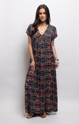 Navy floral maxi dress with a flattering V-neckline, flutter sleeves, gathered waist and flowing silhouette. 100% viscose – Volange Paris, Parisian fashion in Sydney (Mosman, Paddington and Bronte) or Australia-wide online.